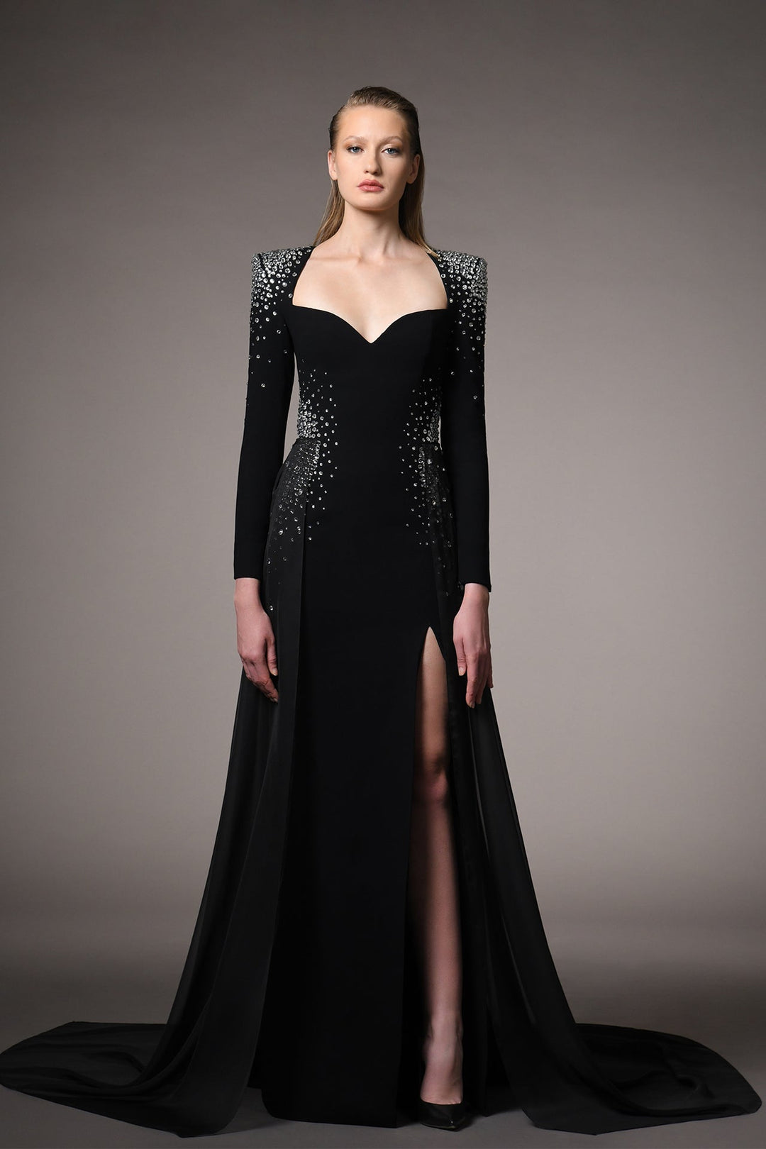 Crepe Straight-Cut Dress with Overskirt and Embroidery M.R DESIGN Crepe Straight-Cut Dress with Overskirt and Embroidery M.R DESIGN