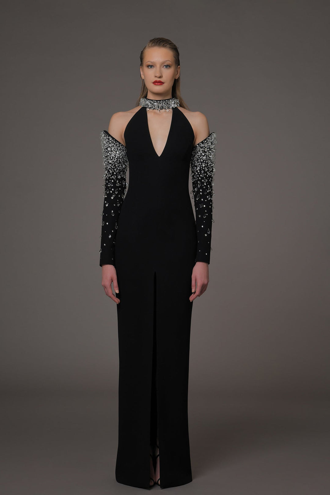 Crepe dress with crystal embroidered sleeves Black / US 16 Crepe dress with crystal embroidered sleeves Black / US 16