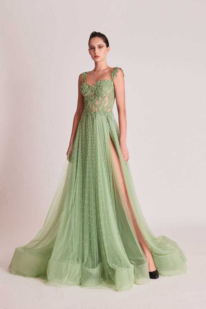 Embroidered Tulle Sleeveless A-line Dress
