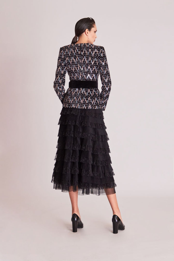 Patterned Blazer and Tulle Ruffled Skirt