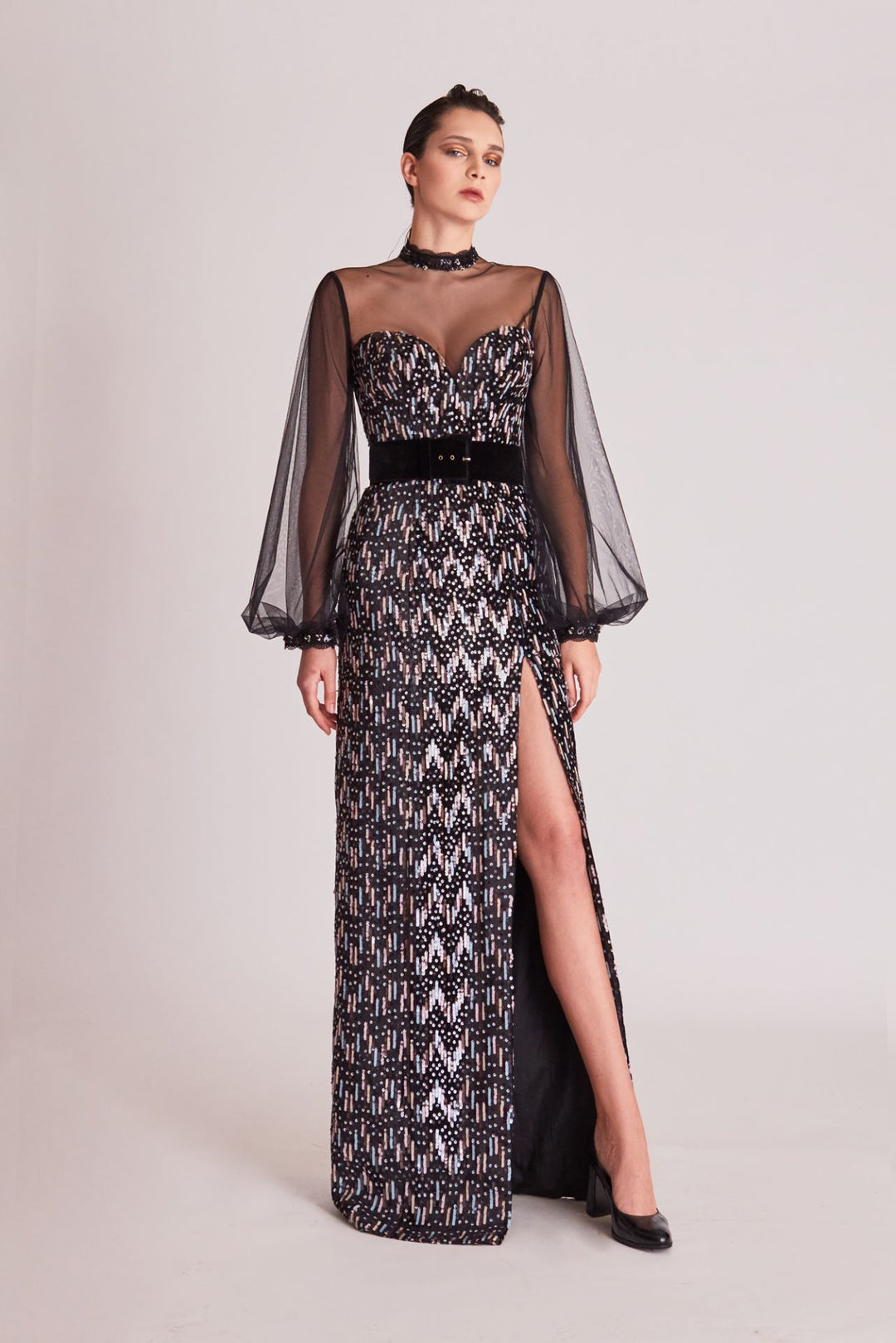 patterned evening dress Primavera Couture 4335 - Long Sheath Charcoal Nude Sizes House of Wu 16019 Sequin