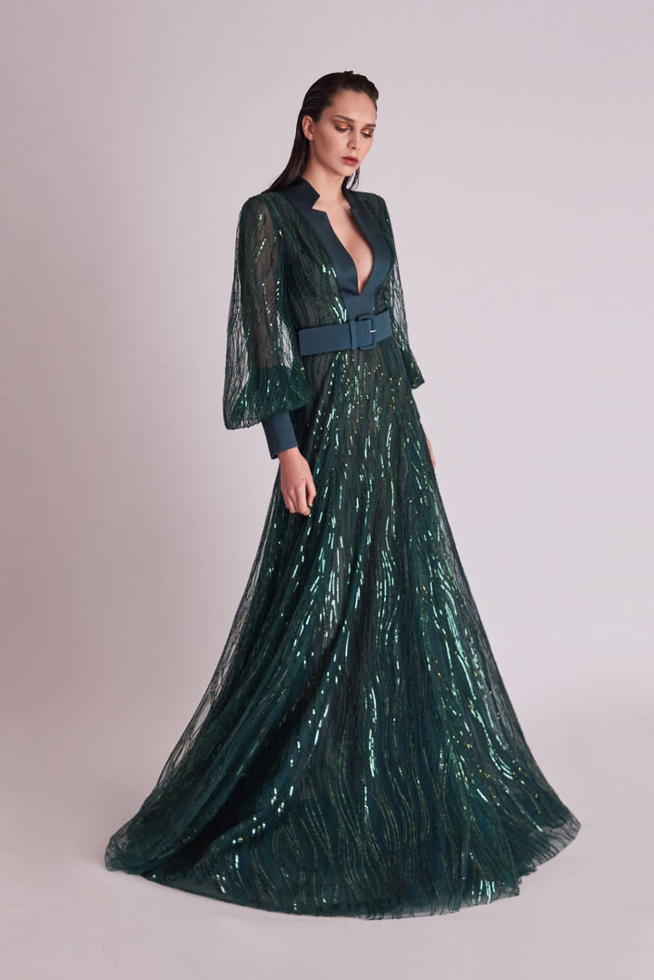 Sequined Long-Sleeved A-line Dress