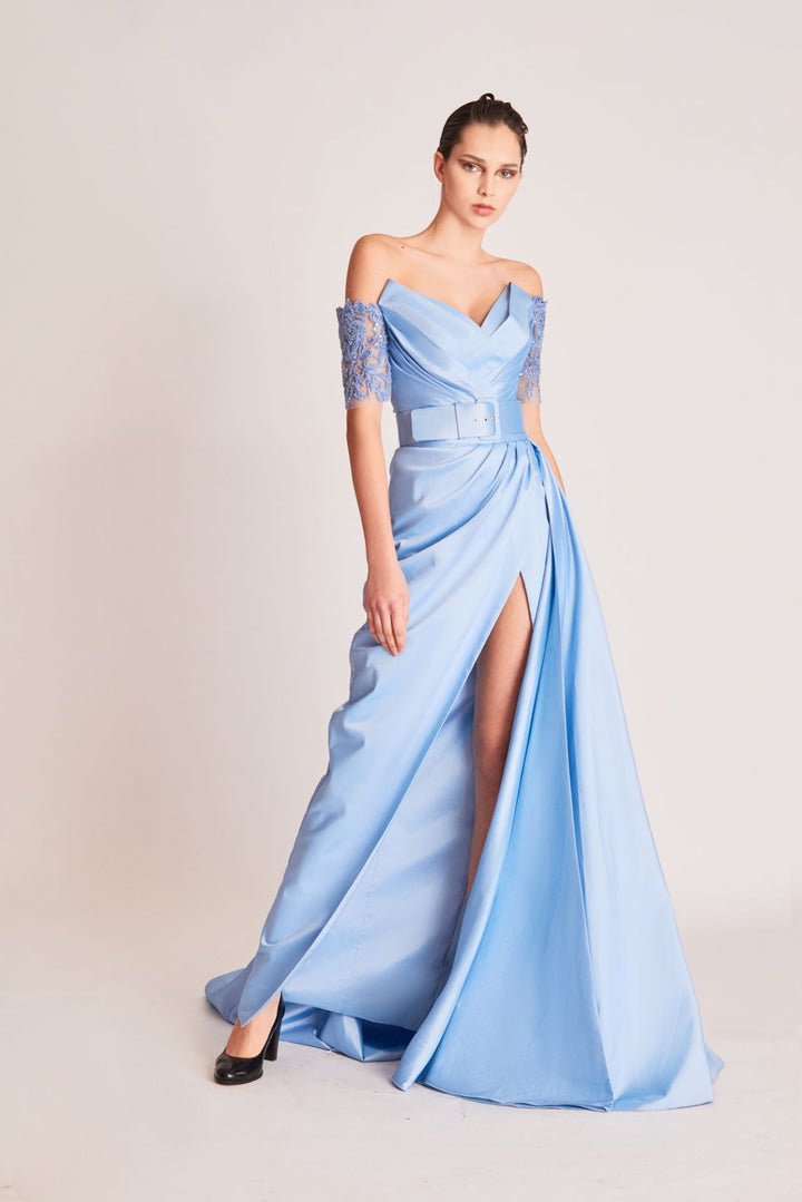 Off-The-Shoulder Draped Dress with Side Train