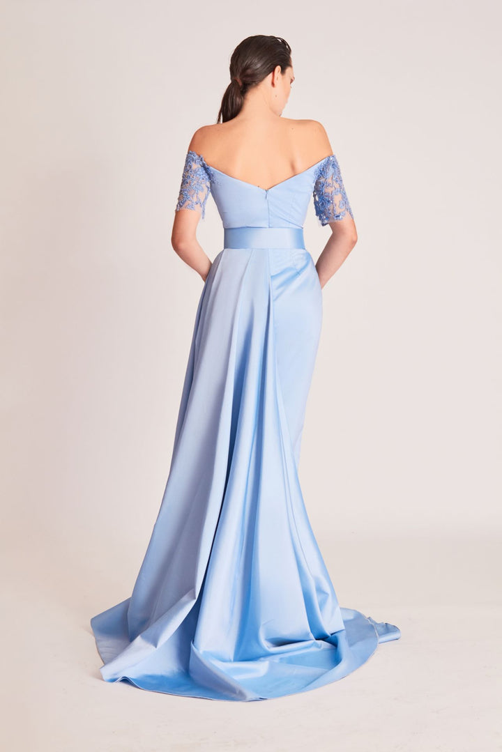 Off-The-Shoulder Draped Dress with Side Train