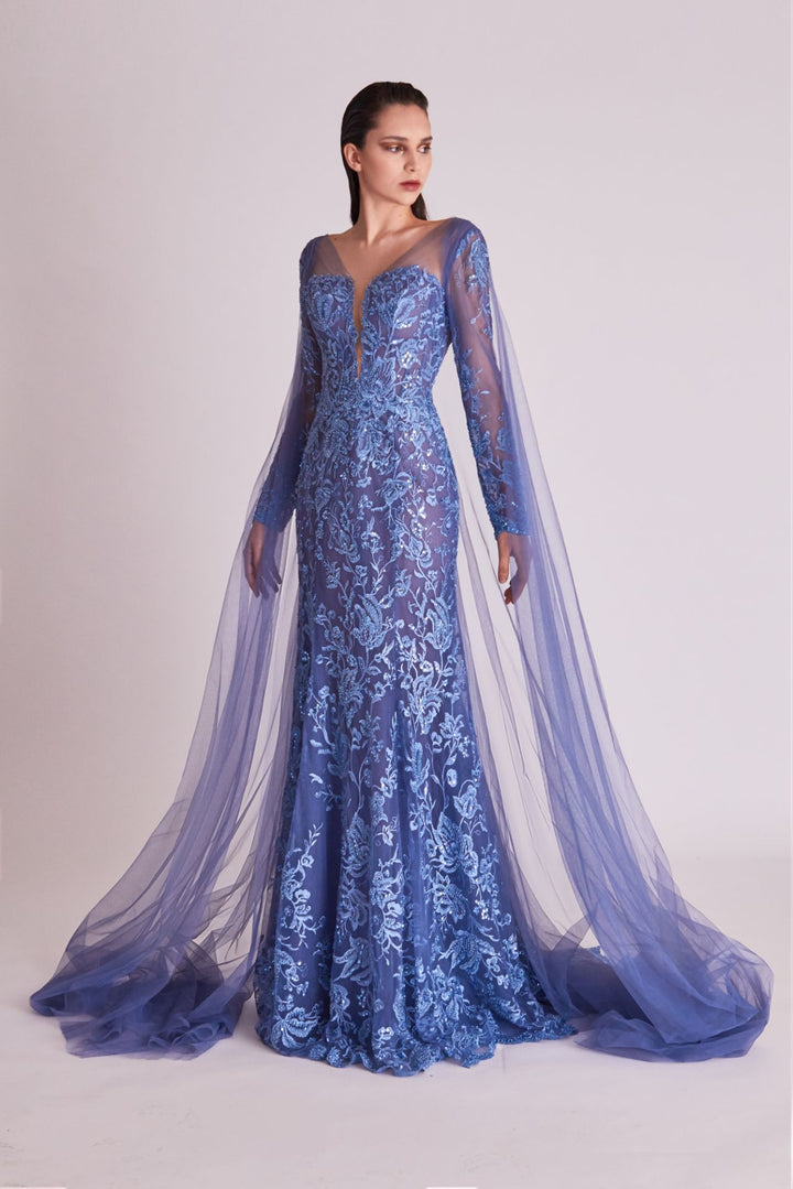 Tulle Embroidered Mermaid Dress with Side Capes