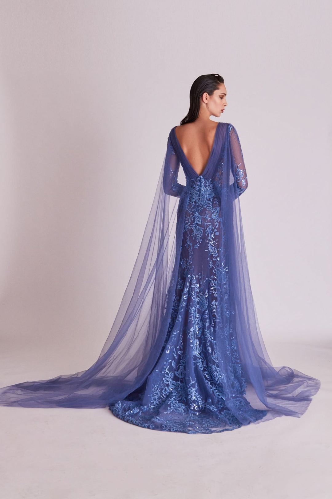 Tulle Embroidered Mermaid Dress with Side Capes