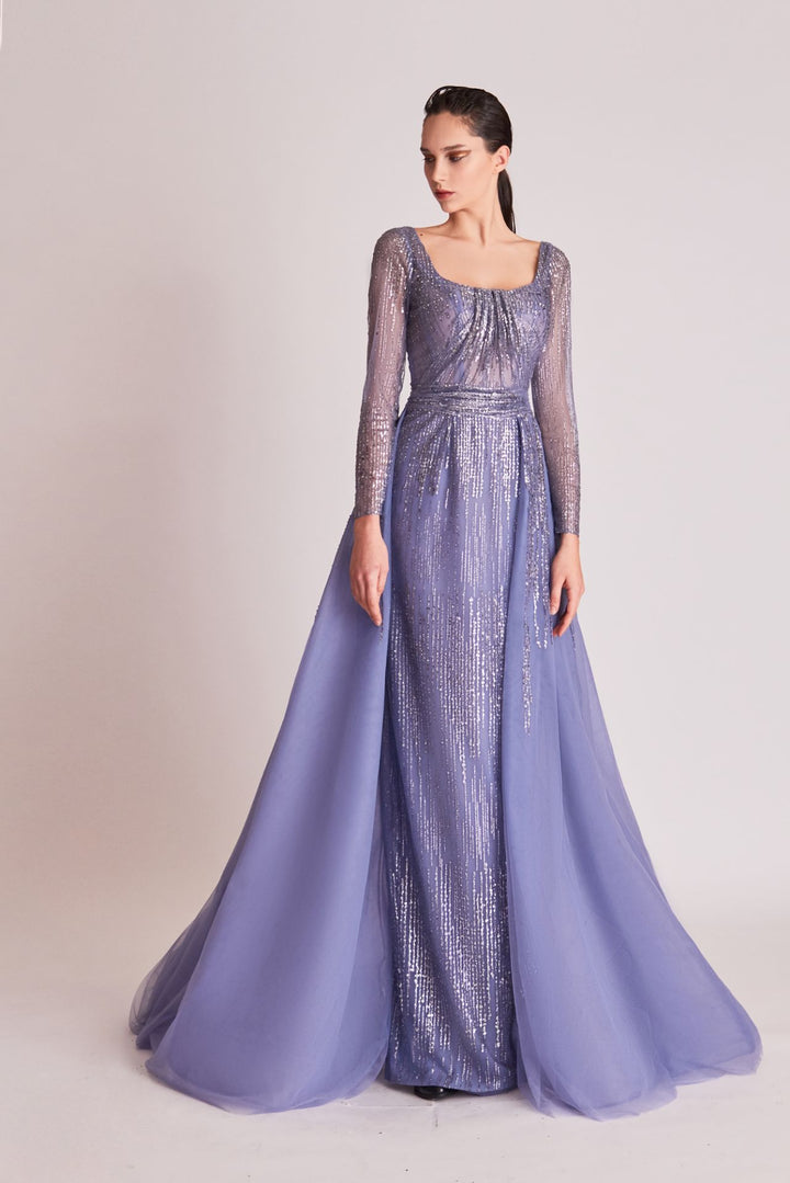 Sequined Long-Sleeved Column Dress with Overskirt