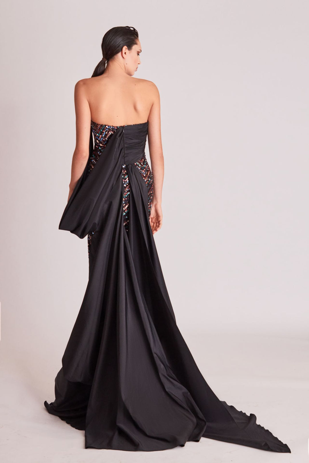Sequined Strapless Dress with Draping and Train