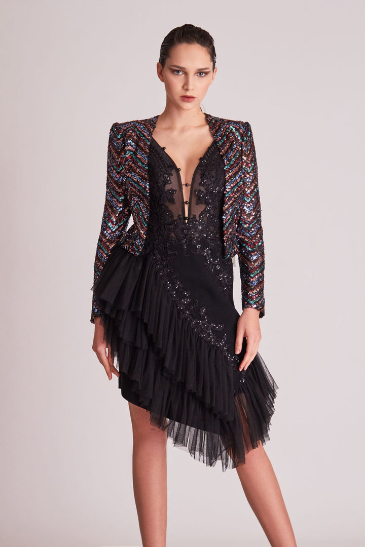 Embroidered Tulle Short Dress with Sequined Jacket