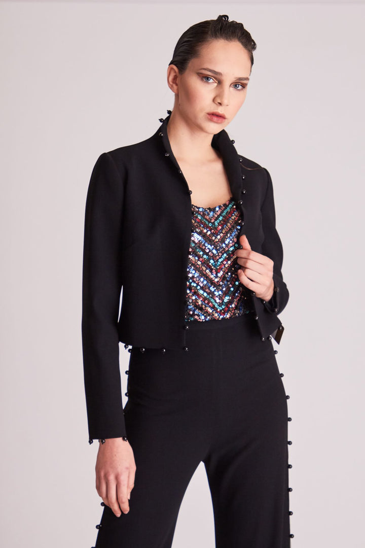 Sequined Top with Flared Pants and Short Jacket