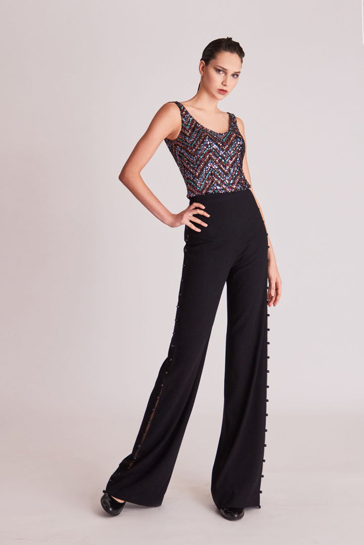 Sleeveless Sequined Top with Flared Pants