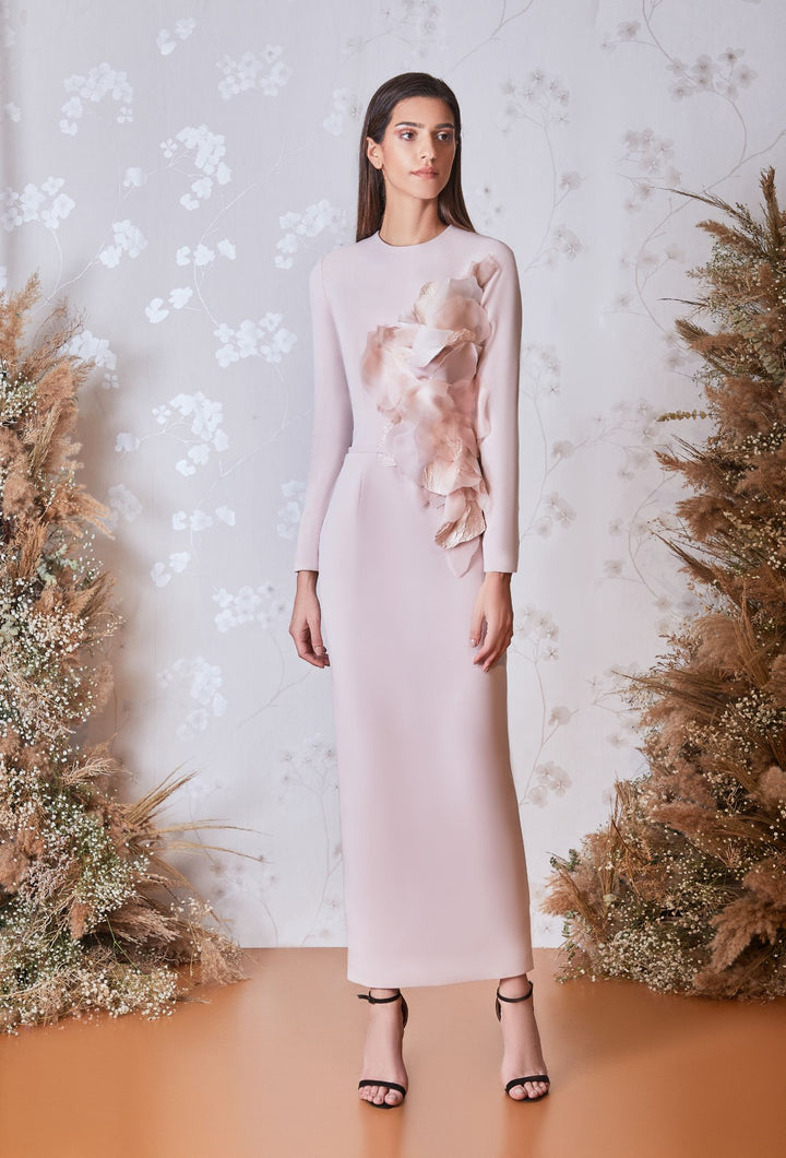 Long-Sleeved Fitted Dress with Organza Details
