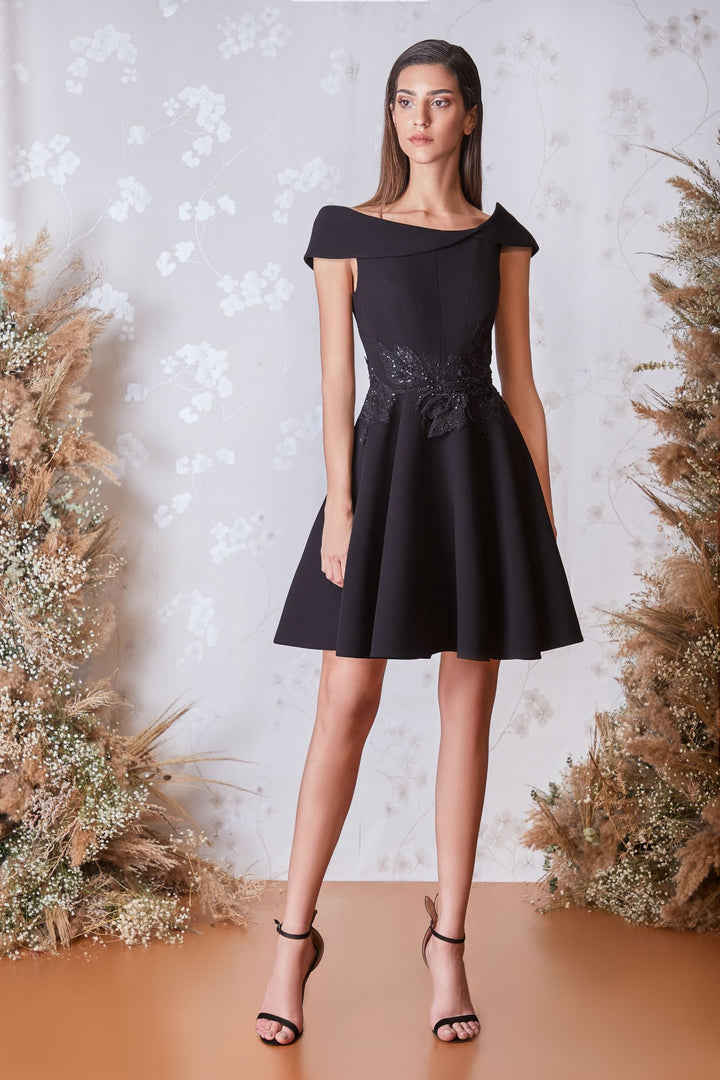 Black Off-The-Shoulder A-line Short Dress