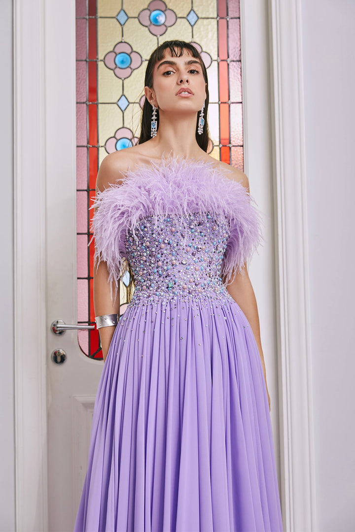 Beaded Strapless A-line Dress with Feathers