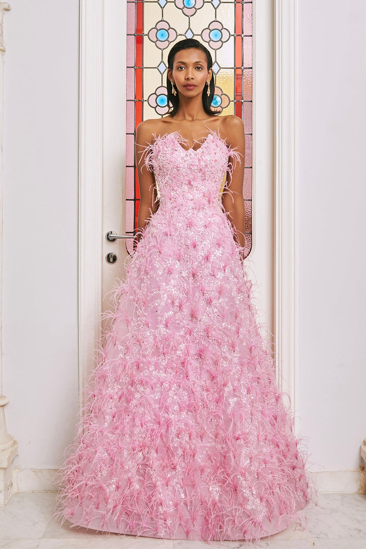 Strapless Princess Dress with Feathers