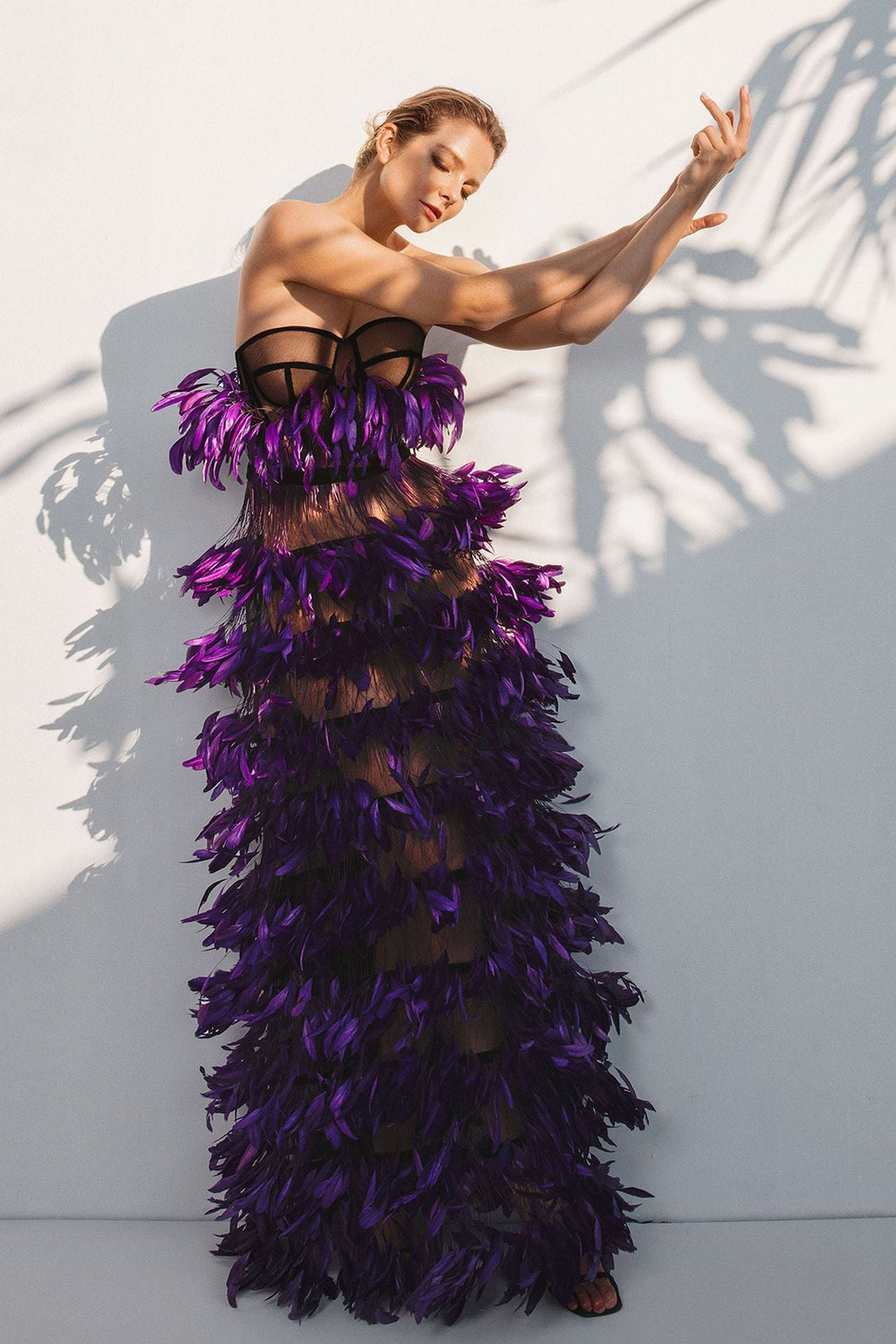 Strapless Tulle Dress with Ruffled Feathers