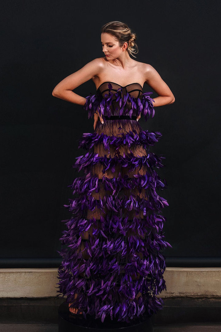 Strapless Tulle Dress with Ruffled Feathers