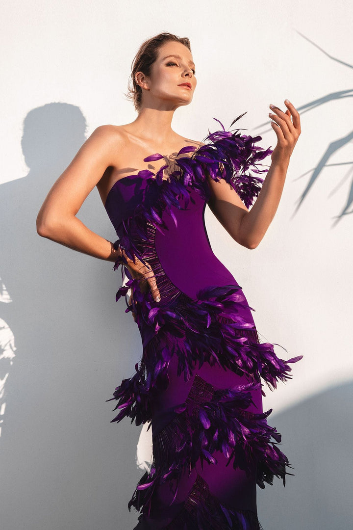 Strapless Silk Crepe Midi Dress with Feathers