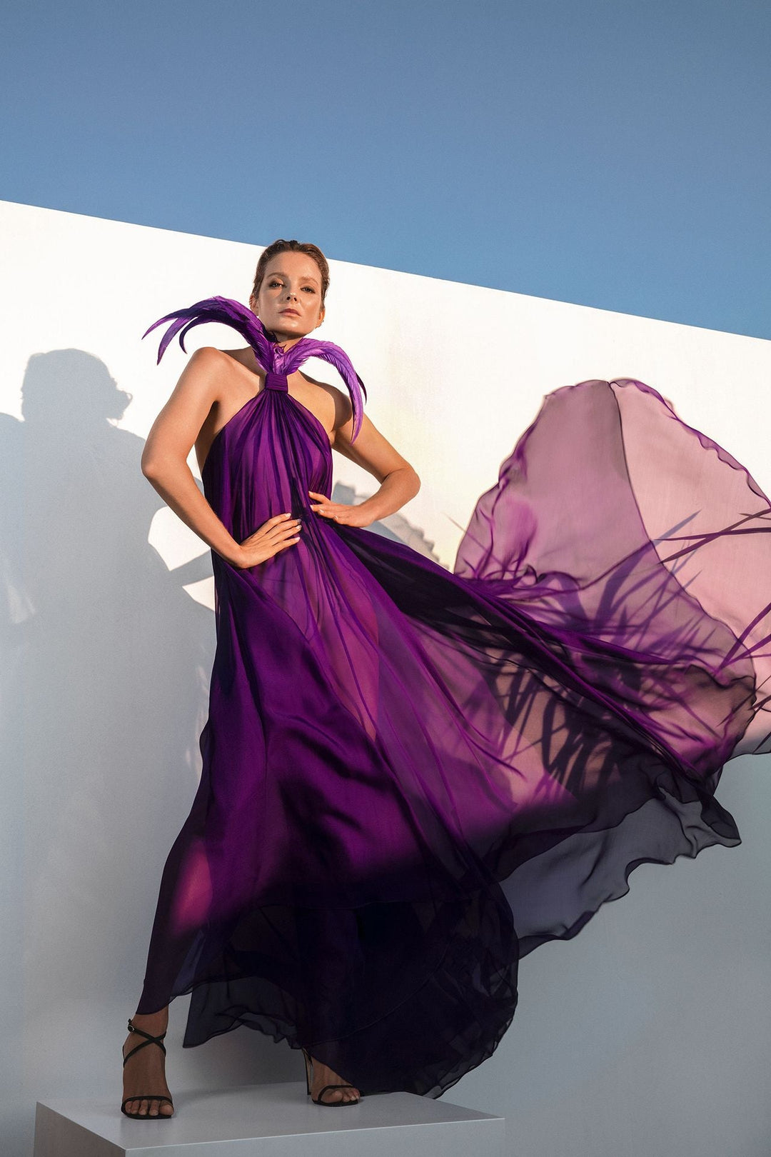 Chiffon halter neck dress finished with coq tail plumes US 8 / Purple Chiffon halter neck dress finished with coq tail plumes US 8 / Purple
