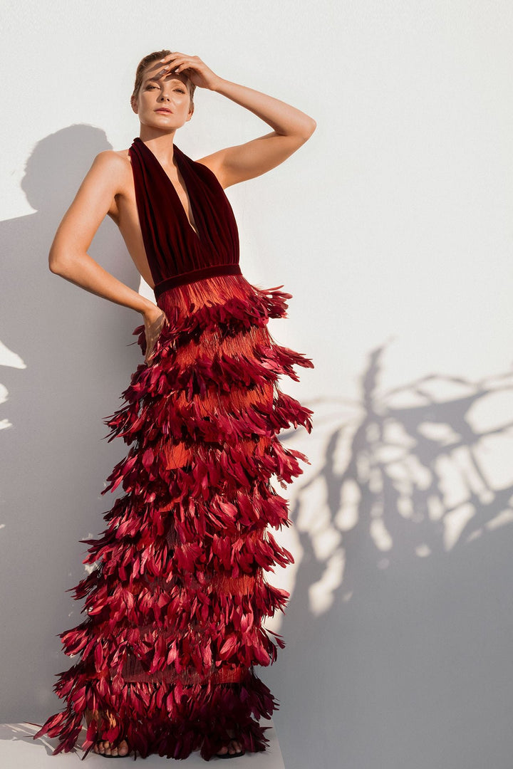 Halter Neck Dress with Feathered Skirt