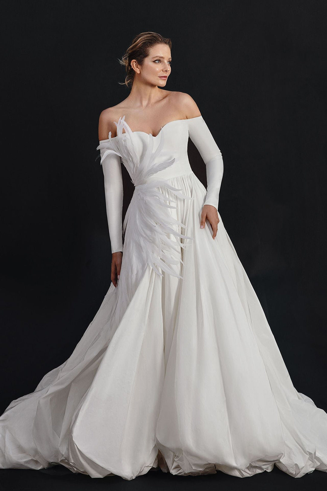 Off-the-shoulder silk taffeta puffball gown featuring plumes Off-White / US 8 Off-the-shoulder silk taffeta puffball gown featuring plumes Off-White / US 8