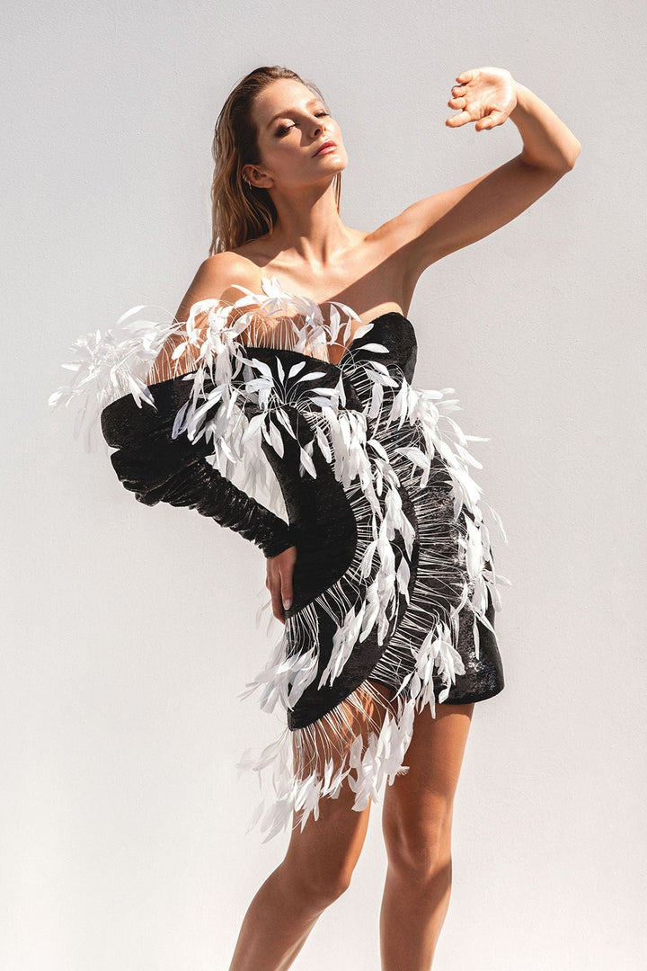 One-Shoulder Mini Dress with Feathers