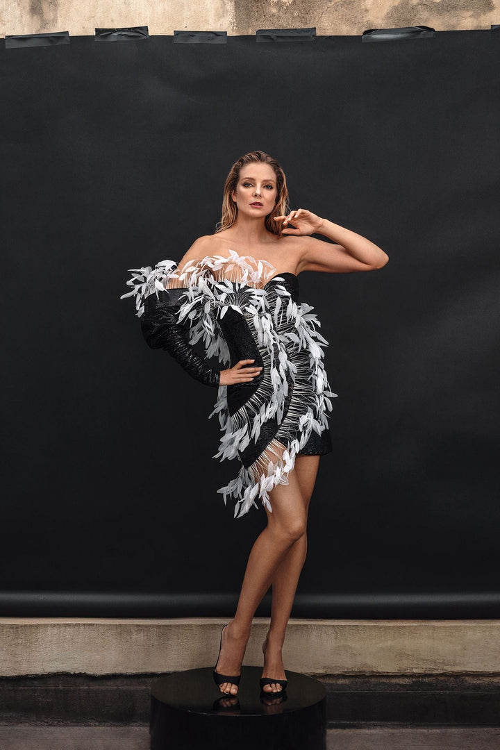 One-Shoulder Mini Dress with Feathers