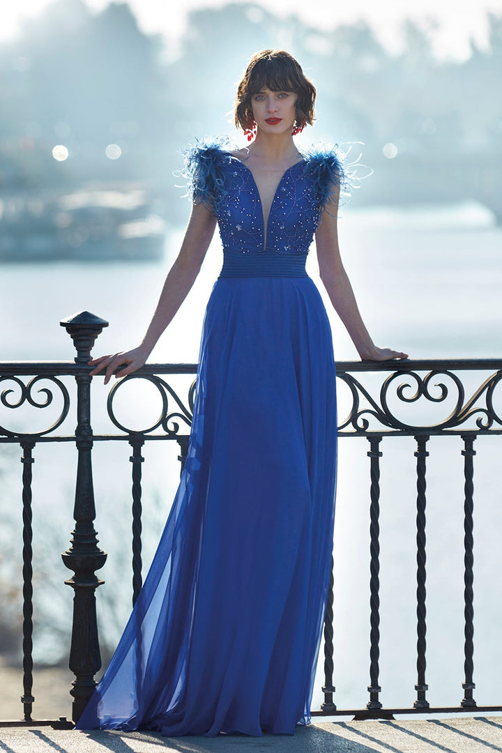 Sleeveless Flared Dress with Beading and Feathers