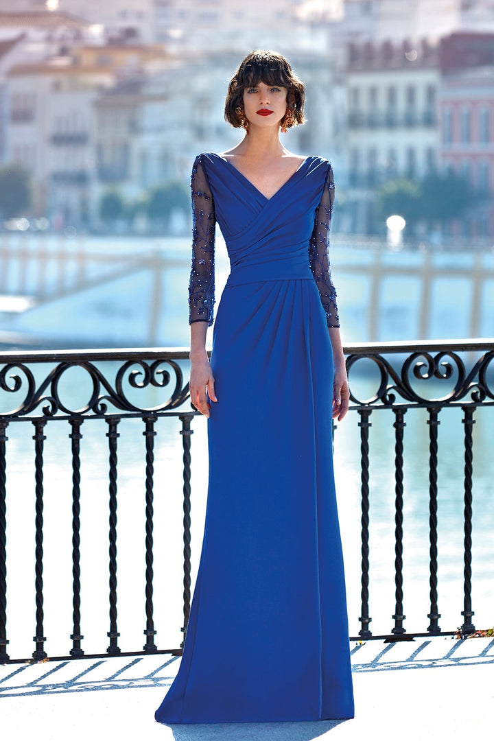 Crepe Draped Dress with Tulle Sleeves