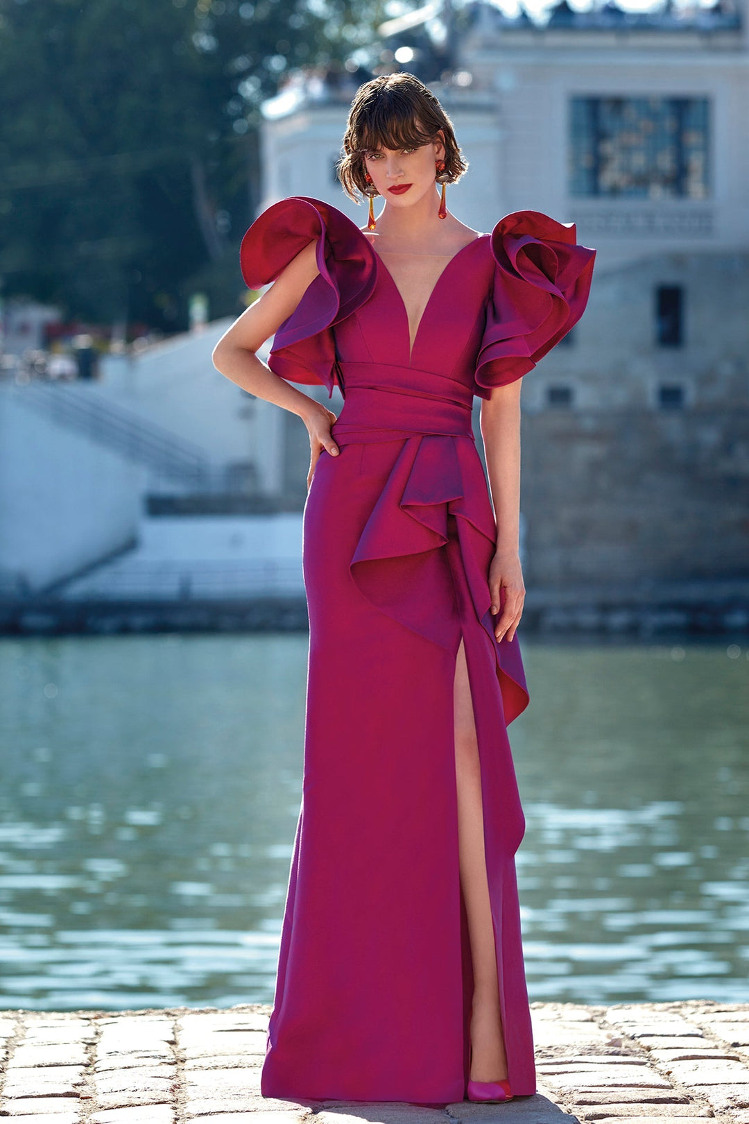 Jacquard Dress with Ruffles Shoulders Fuchsia / FR 54