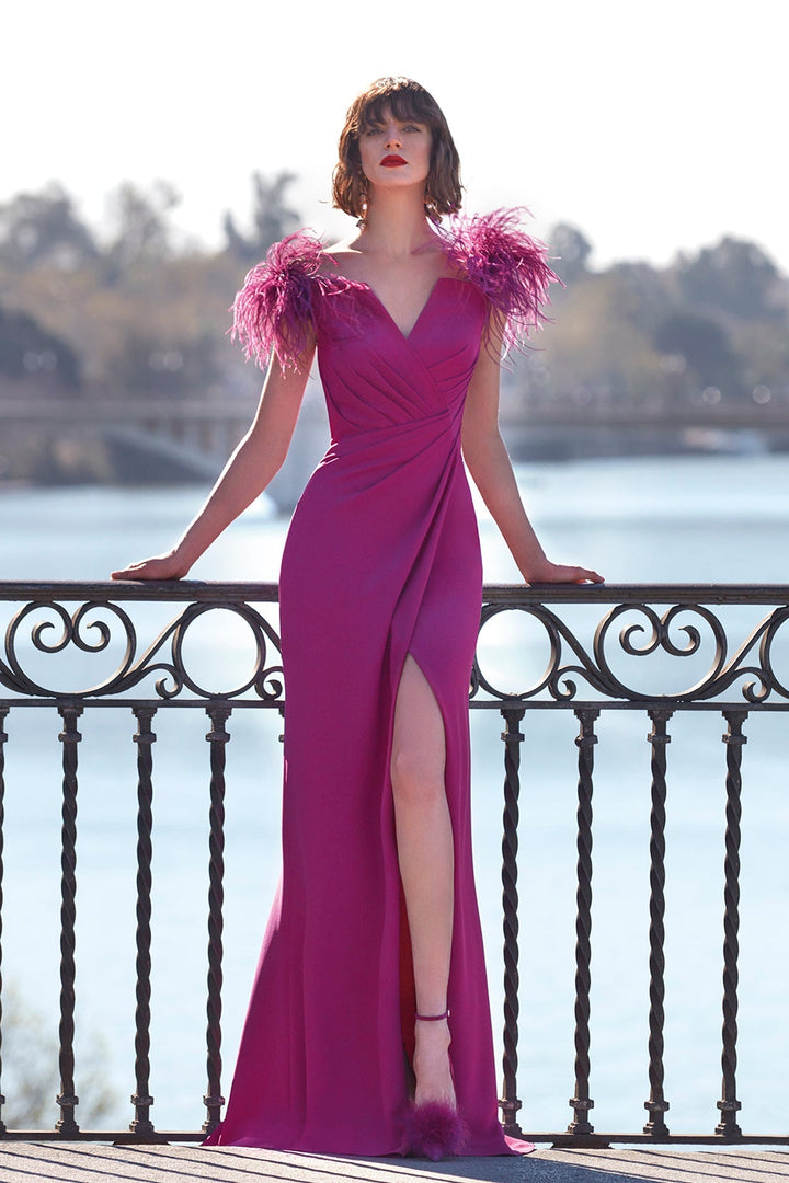 Crepe Mermaid Dress with Feathers