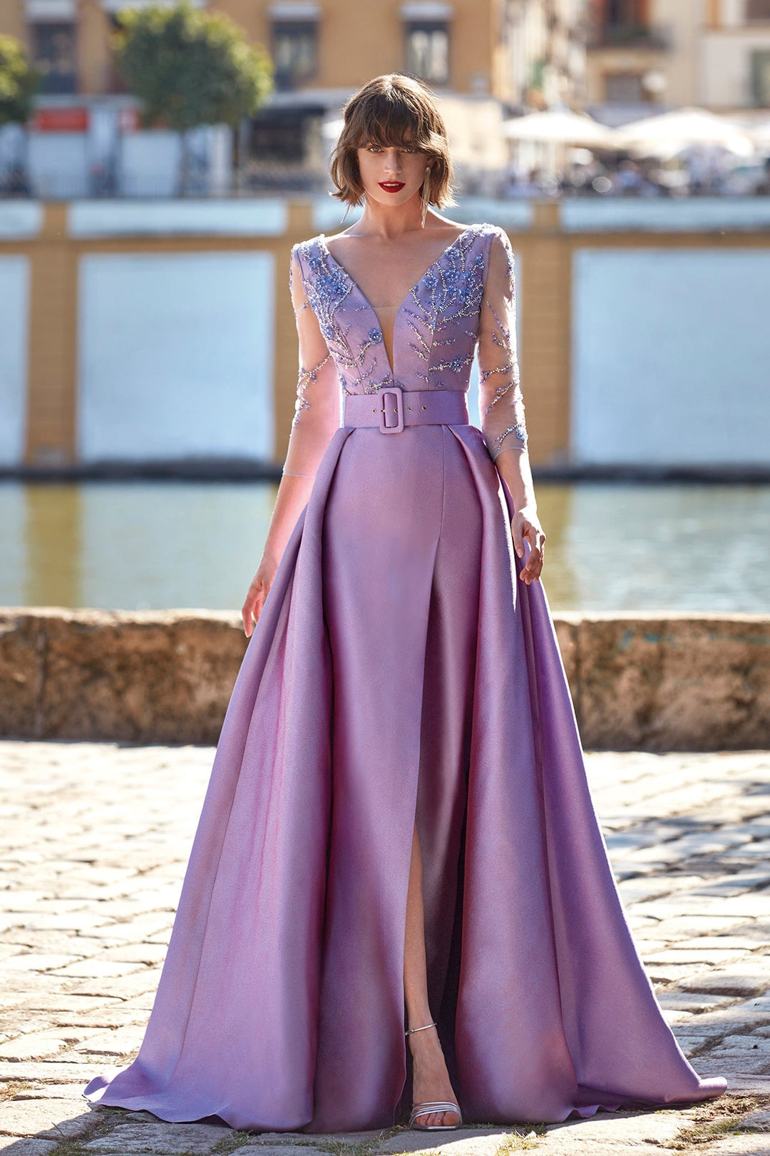 3/4 Sleeves Beaded Dress with Overskirt FR 48 / Lilac 3/4 Sleeves Beaded Dress with Overskirt FR 48 / Lilac