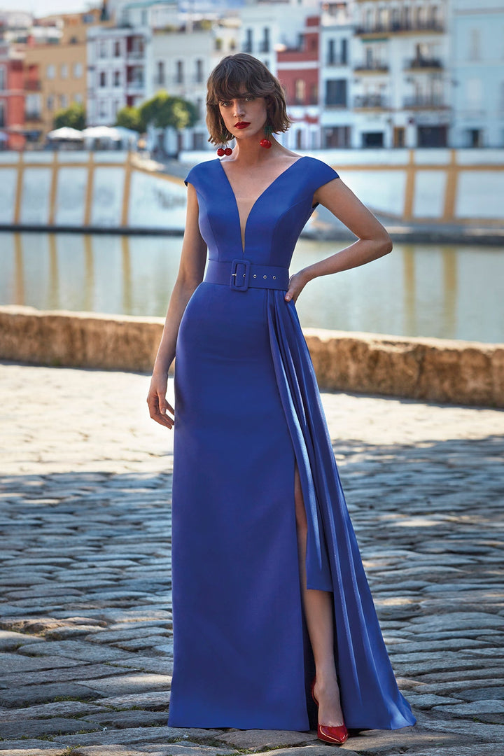 Mikado Column Dress with Pleated Side Overskirt