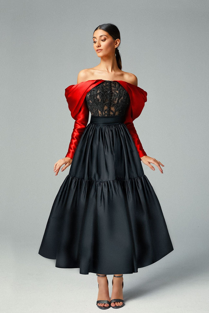 Off-The-Shoulder Cady Corset With Taffetas Skirt