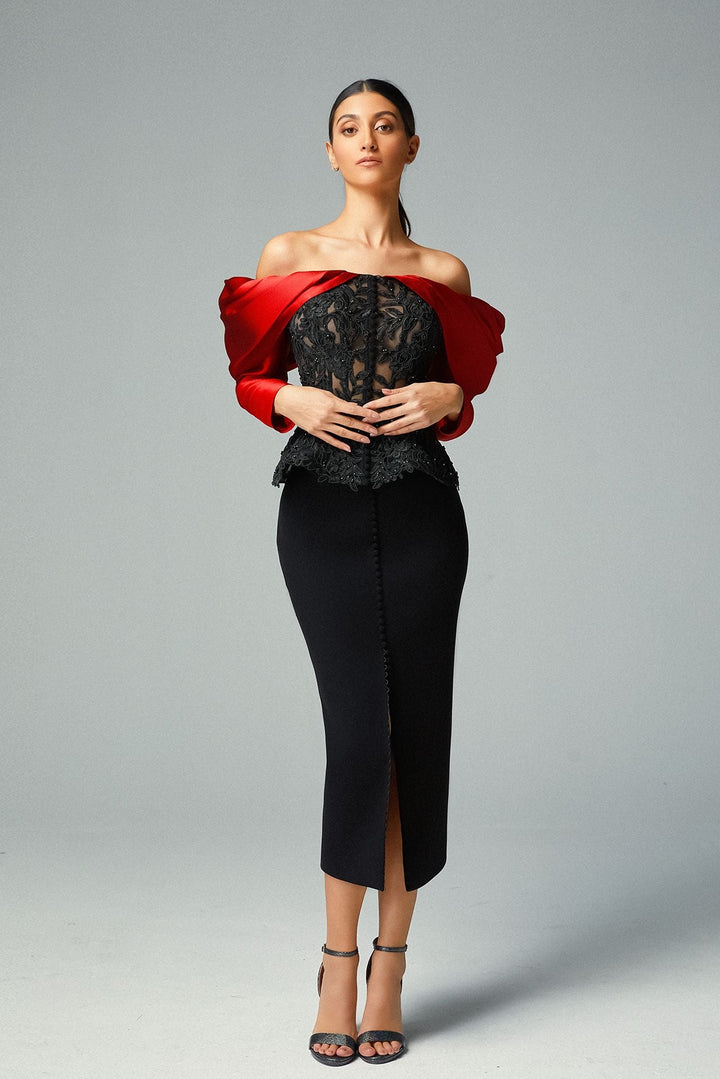 Off-The-Shoulder Corset Top With Crepe Midi Skirt