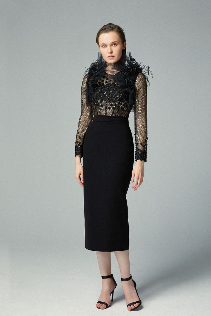 Net Fabric Top with Crepe Midi Skirt