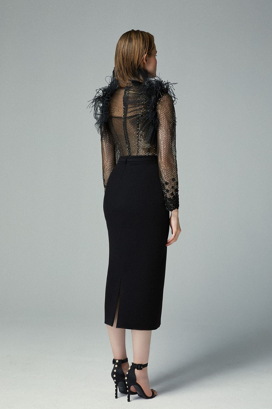 Net Fabric Top with Crepe Midi Skirt