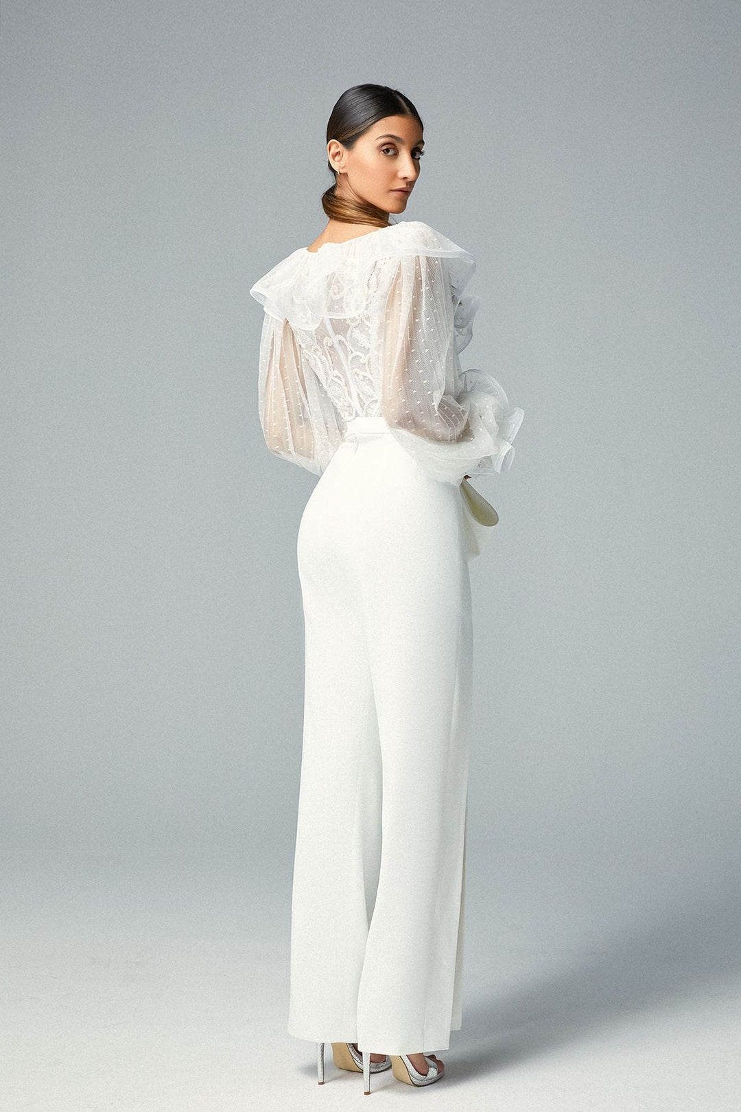 Long-Sleeved Tulle Top with Crepe Pants