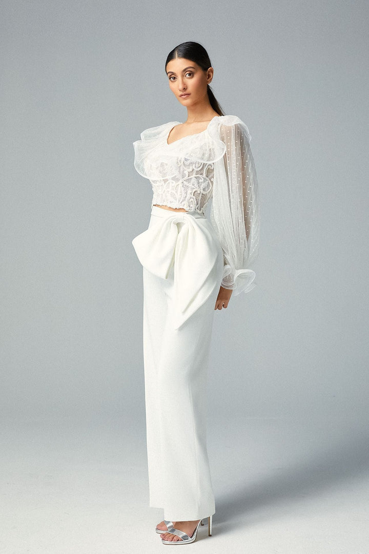 Long-Sleeved Tulle Top with Crepe Pants