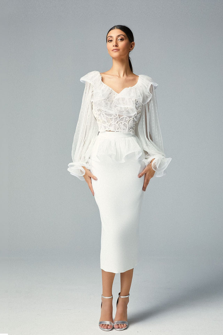 Embroidered Long-Sleeved Top with Crepe Skirt