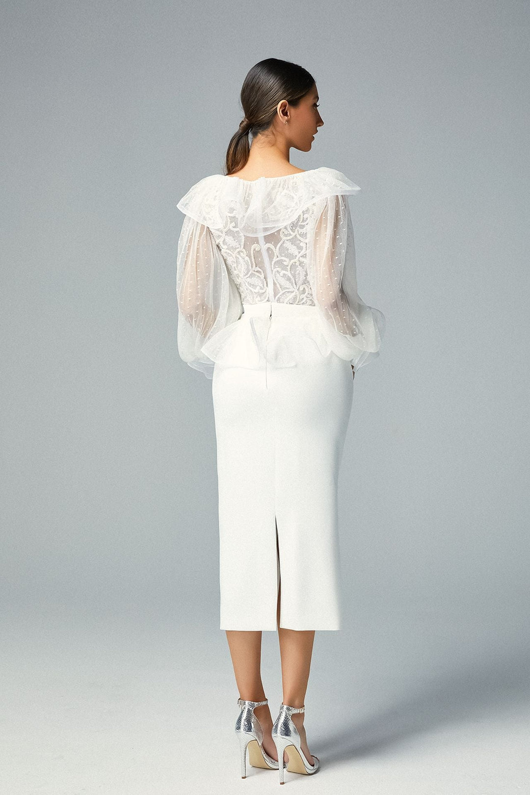 Embroidered Long-Sleeved Top with Crepe Skirt