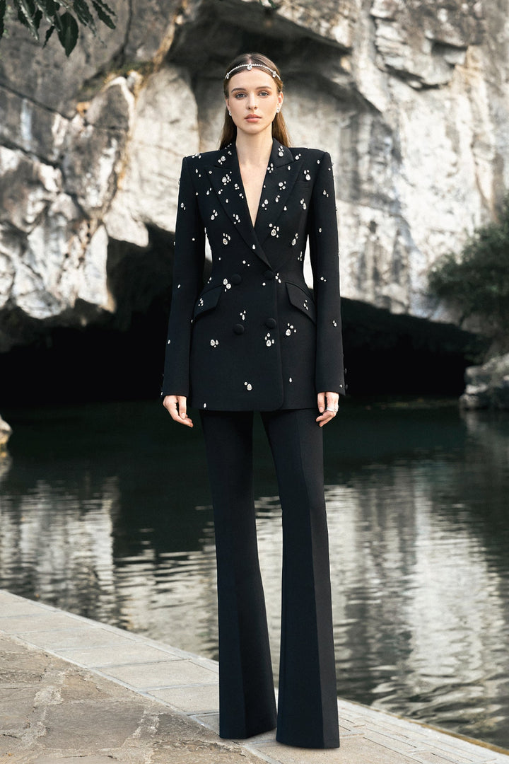 Velvet Satin Suit with Tear-Drop Embroidery