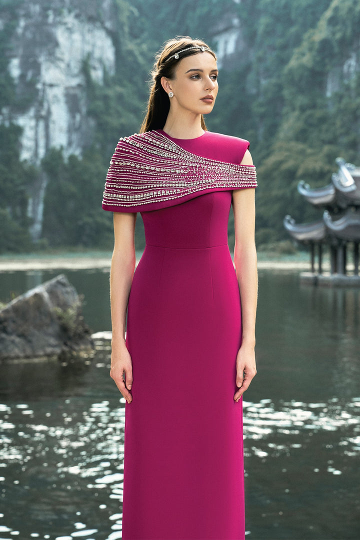 Velvet Satin Dress with Embellished Asymmetric Cape