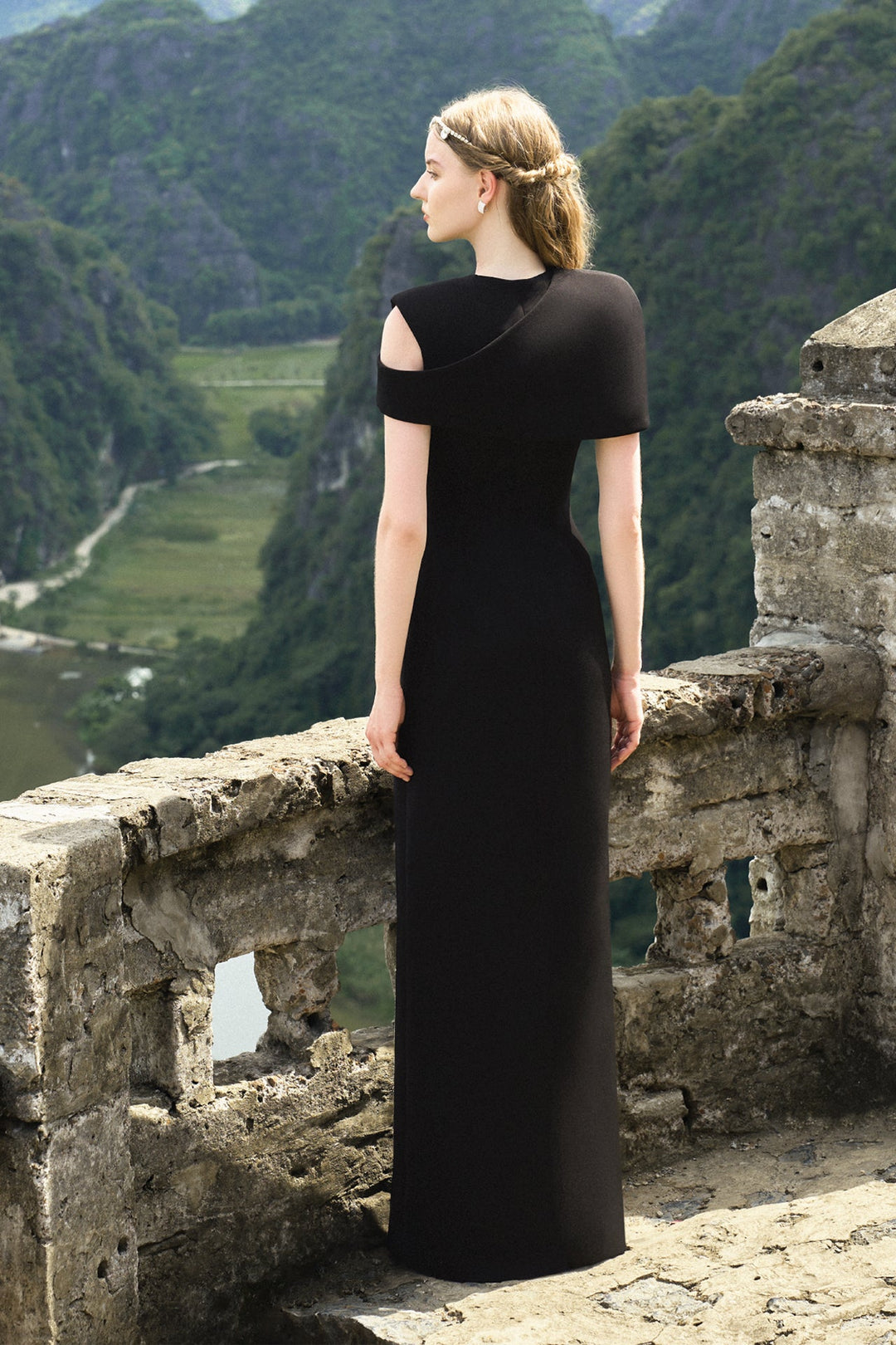 Velvet Satin Sleeveless Dress with Asymmetric Cape