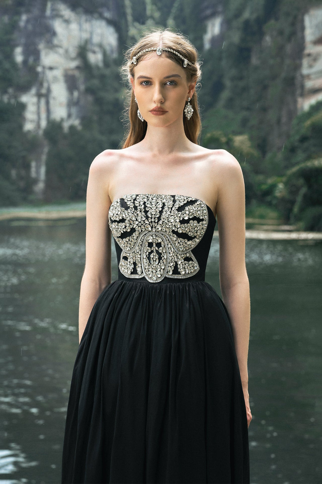 Taffeta Strapless Dress with Crystal Embroidery