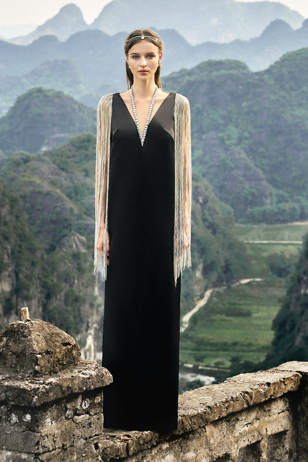 Twist Silk Dress with Crystal Fringed Sleeves Black / FR 42 Twist Silk Dress with Crystal Fringed Sleeves Black / FR 42