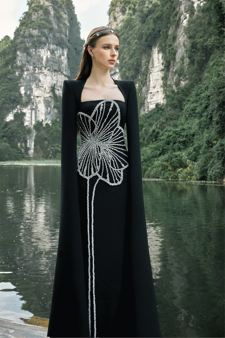 Velvet Satin Dress with Orchid Embroidery