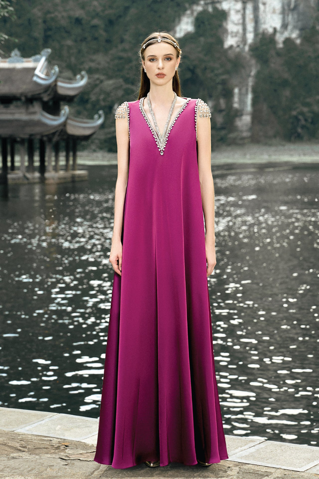 Twist Silk Sleeveless Flared Dress with Crystals Purple Pink / FR 50 Twist Silk Sleeveless Flared Dress with Crystals Purple Pink / FR 50