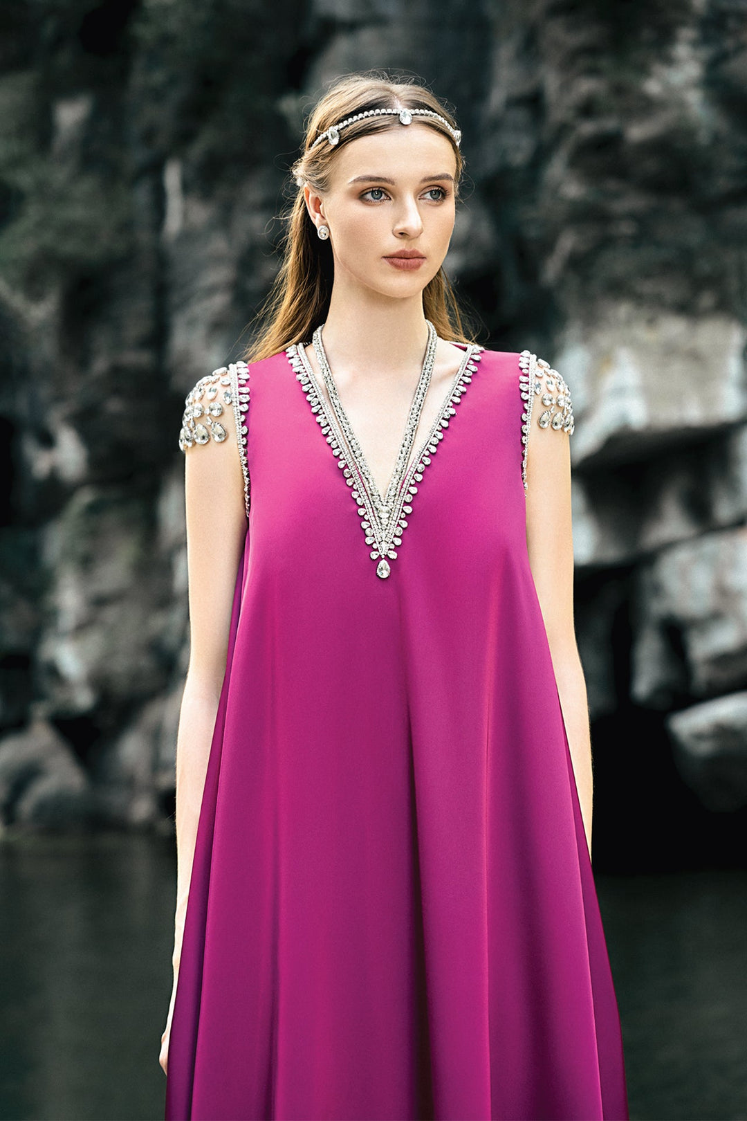 Twist Silk Sleeveless Flared Dress with Crystals Twist Silk Sleeveless Flared Dress with Crystals
