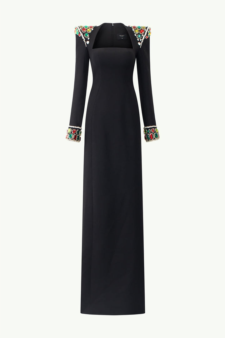 Velvet Satin Column Dress with Colorful Embroidery